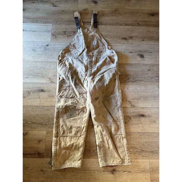 Carhartt Double Knee Insulated Canvas Duck Overalls Brown Distressed Size 46x32 - Picture 1 of 5